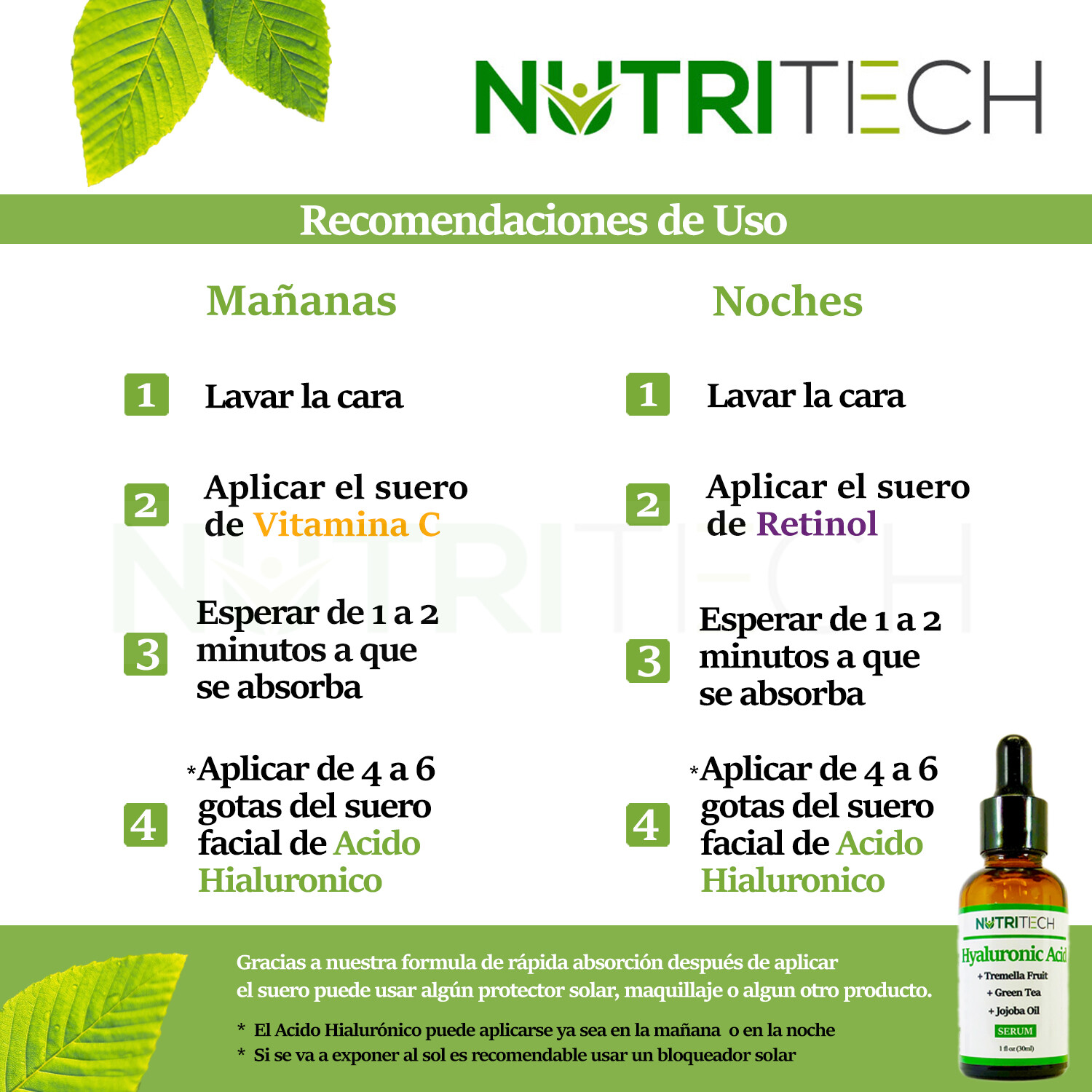Suero facial de Acido Hialuronico con te verde, aceite de jojoba, Hidratante - Imagen 4