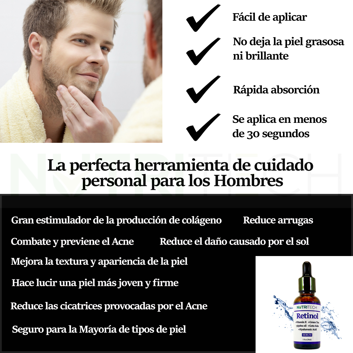 Suero facial de Retinol anti arrugas con Vitamina E, Acido hialuronico, te verde, aceite de jojoba, gotu kola - Imagen 3